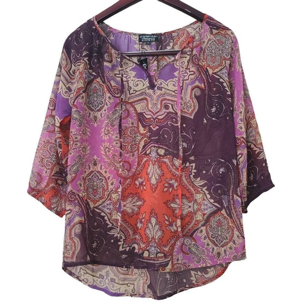 NWT Papermoon Women's Multicolor Paisley Tie Neck 3/4 Sleeve Blouse Size Small